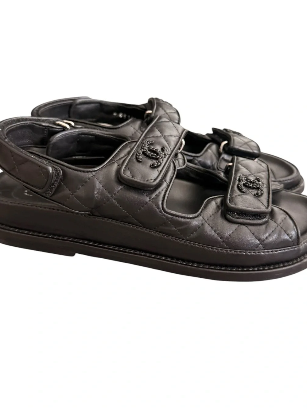 CHANEL Black Quilted Leather Kids Double-Strap Sandals